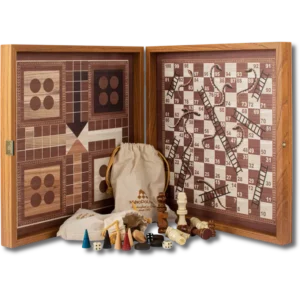 Coffret Artisanal 4 en 1 : échecs-backgammon-petit chevaux - serpents